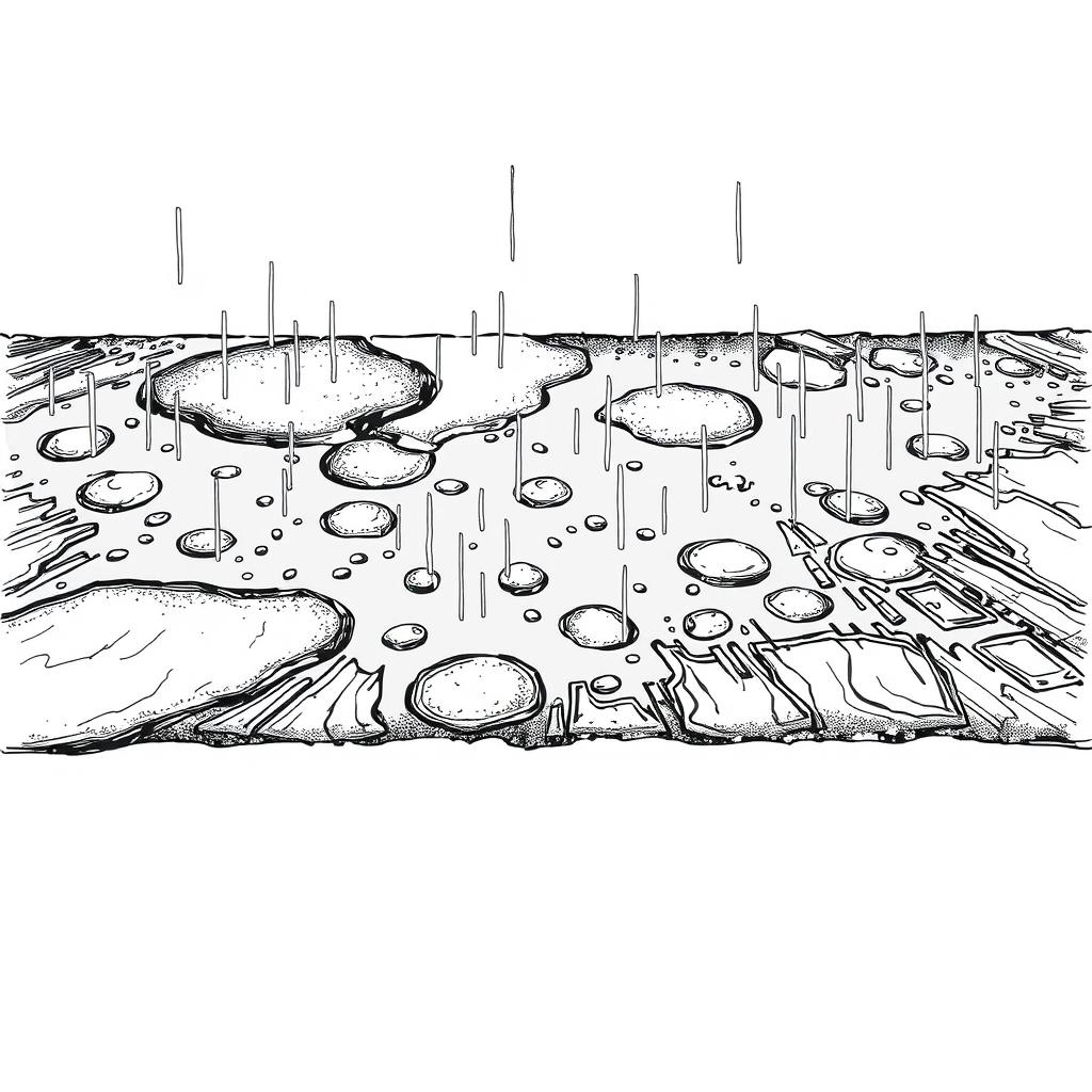 A detailed hand-drawn illustration in black and white, featuring a fine line rendering of a rain-soaked ground in a horizontal format