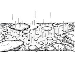 A detailed hand-drawn illustration in black and white, featuring a fine line rendering of a rain-soaked ground in a horizontal format