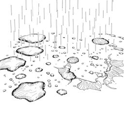 A detailed hand-drawn illustration in black and white, featuring a fine line rendering of a rain-soaked ground in a horizontal format