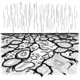 A detailed hand-drawn illustration in black and white, featuring a fine line rendering of a rain-soaked ground in a horizontal format