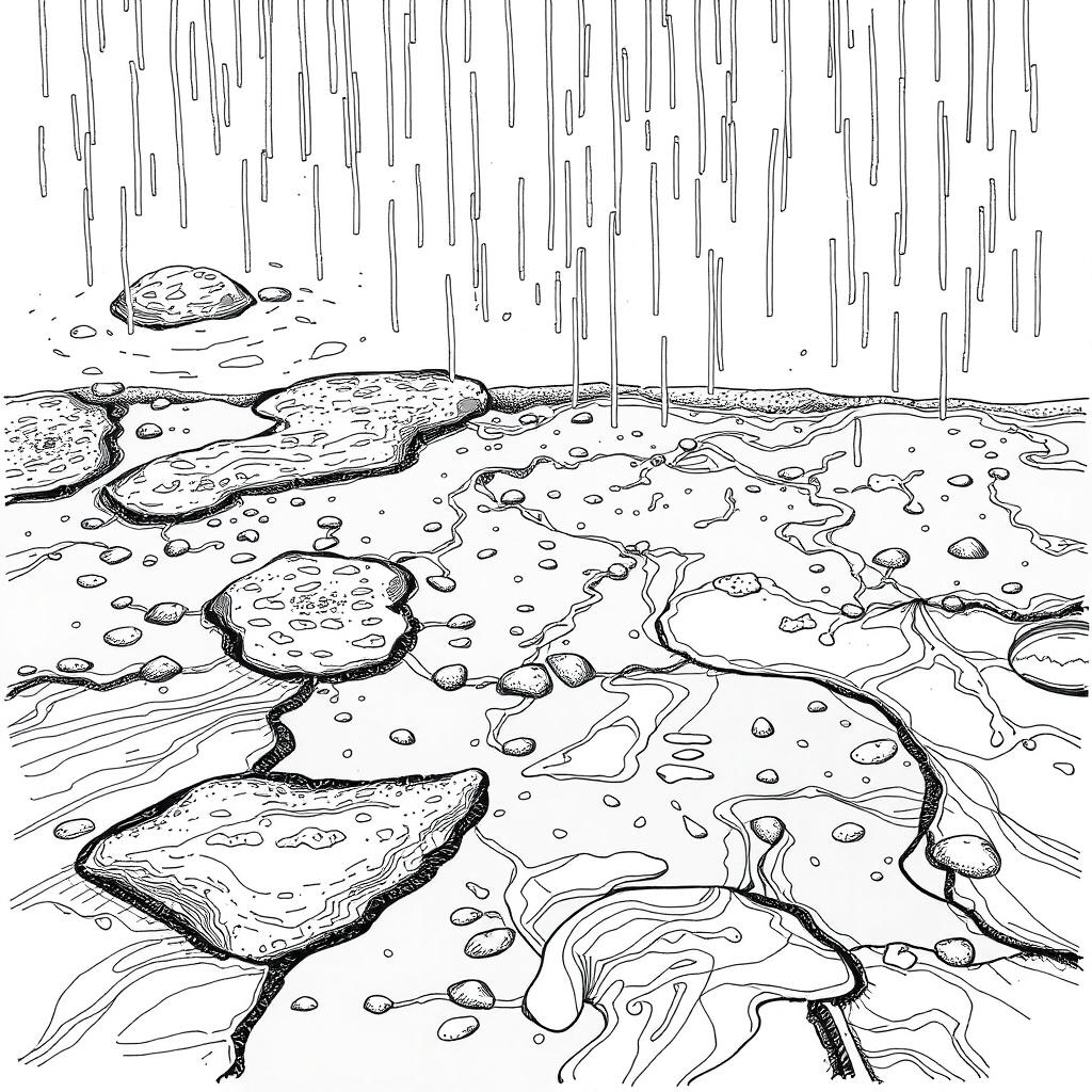 A detailed hand-drawn illustration in black and white, featuring a fine line rendering of a rain-soaked ground in a horizontal format