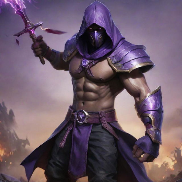 Jax from League of Legends, a mighty warrior with a purple hood and armed with a long, multi-pronged weapon against a battlefields backdrop