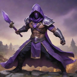 Jax from League of Legends, a mighty warrior with a purple hood and armed with a long, multi-pronged weapon against a battlefields backdrop