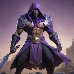 Jax from League of Legends, a mighty warrior with a purple hood and armed with a long, multi-pronged weapon against a battlefields backdrop