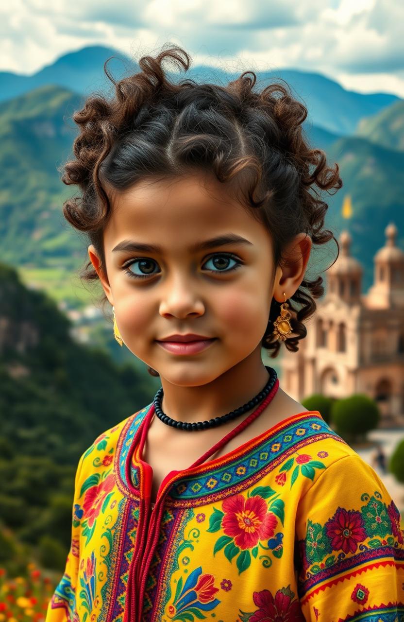 A young girl with curly brown hair, showcasing Venezuelan and Spanish features