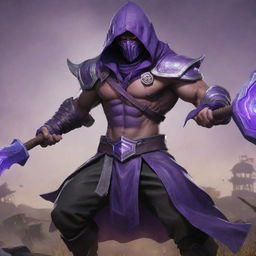 Jax from League of Legends, a mighty warrior with a purple hood and armed with a long, multi-pronged weapon against a battlefields backdrop