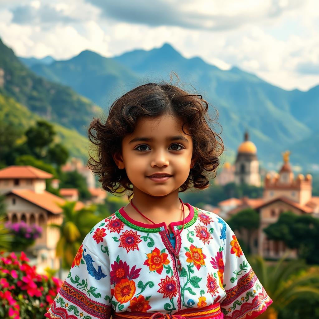 A young girl with curly brown hair, showcasing Venezuelan and Spanish features