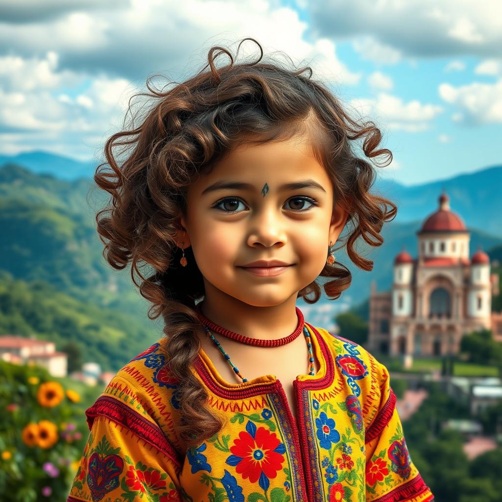 A young girl with curly brown hair, showcasing Venezuelan and Spanish features