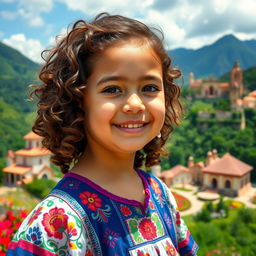 A young girl with curly brown hair, showcasing Venezuelan and Spanish features