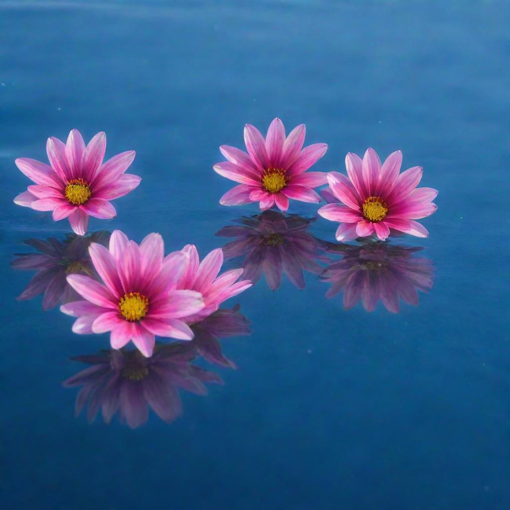 Vibrant pink flowers emerging from the blue lustrous surface of the ocean, with glistening sunlight reflecting off the water.