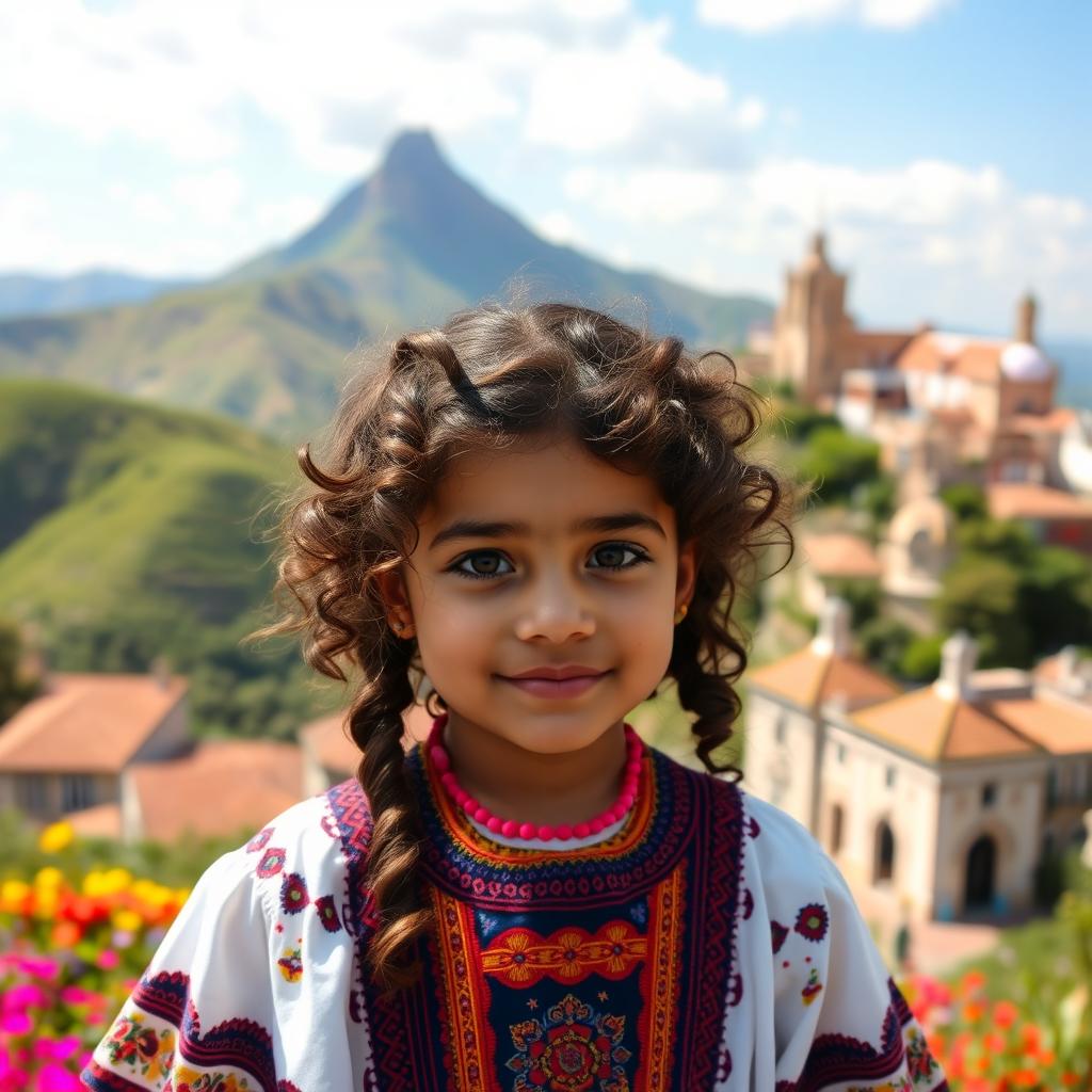 A young girl with curly brown hair, showcasing Venezuelan and Spanish features