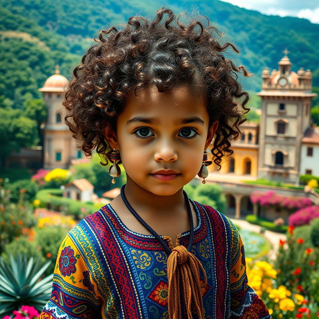 A young girl with curly brown hair, embodying Venezuelan, Spanish, and unknown ethnic features