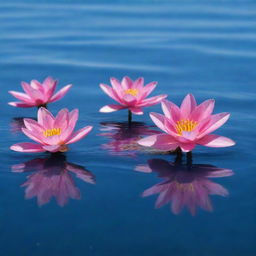 Vibrant pink flowers emerging from the blue lustrous surface of the ocean, with glistening sunlight reflecting off the water.