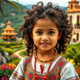 A young girl with curly brown hair, embodying Venezuelan, Spanish, and unknown ethnic features