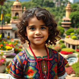 A young girl with curly brown hair, embodying Venezuelan, Spanish, and unknown ethnic features