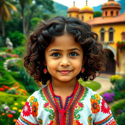 A young girl with curly brown hair, embodying Venezuelan, Spanish, and unknown ethnic features