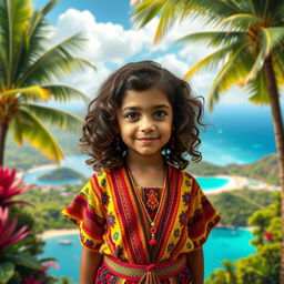 A young girl with curly brown hair, possessing Venezuelan, Spanish, and unknown ethnic features