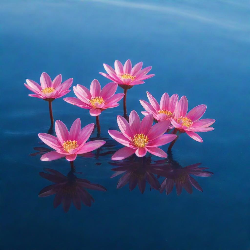 Vibrant pink flowers emerging from the blue lustrous surface of the ocean, with glistening sunlight reflecting off the water.