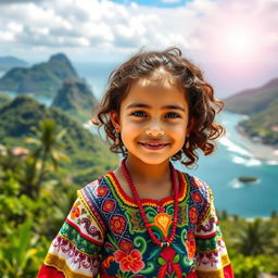 A young girl with curly brown hair, possessing Venezuelan, Spanish, and unknown ethnic features