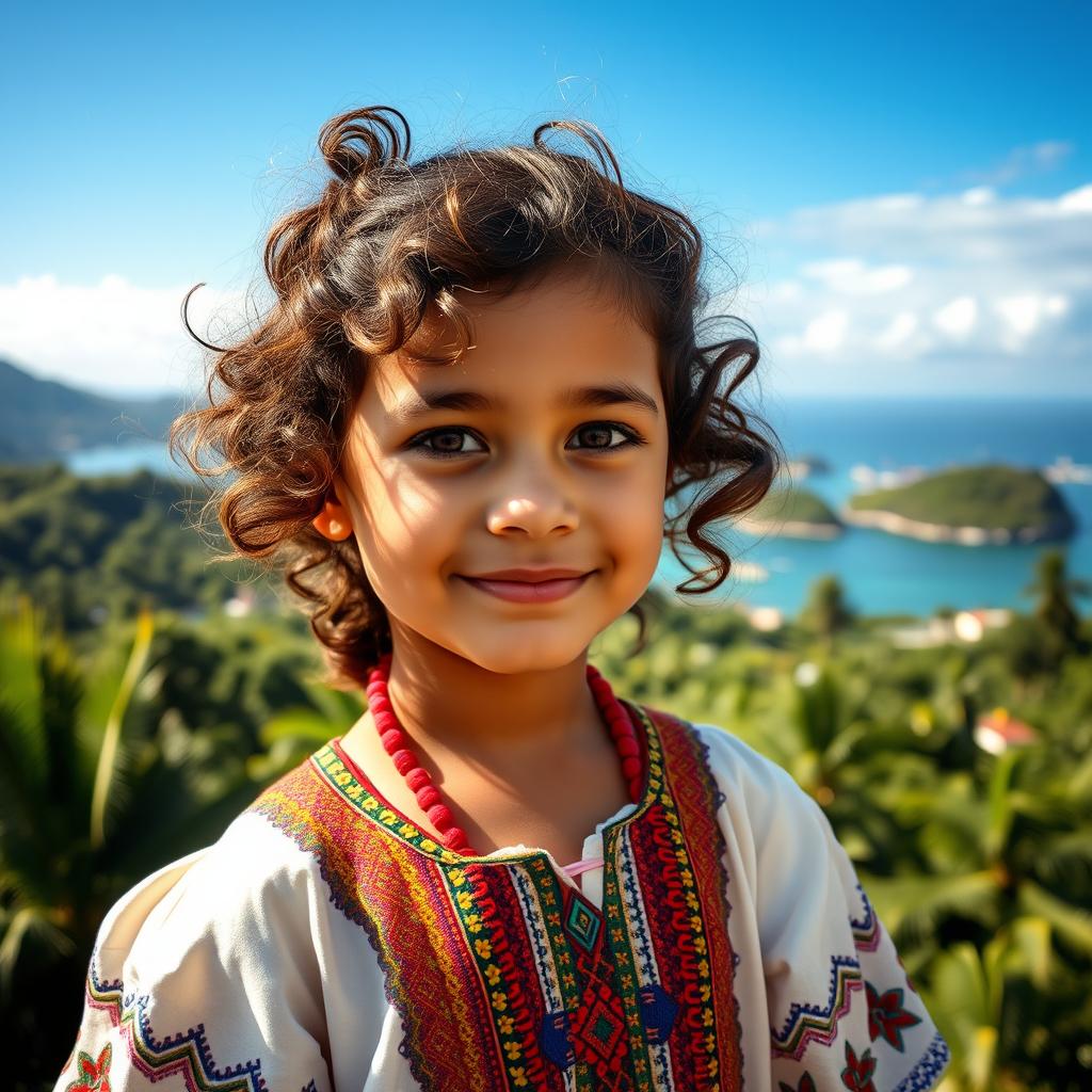 A young girl with curly brown hair, displaying Venezuelan, Spanish, and unknown ethnic features