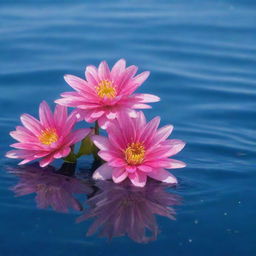 Vibrant pink flowers emerging from the blue lustrous surface of the ocean, with glistening sunlight reflecting off the water.