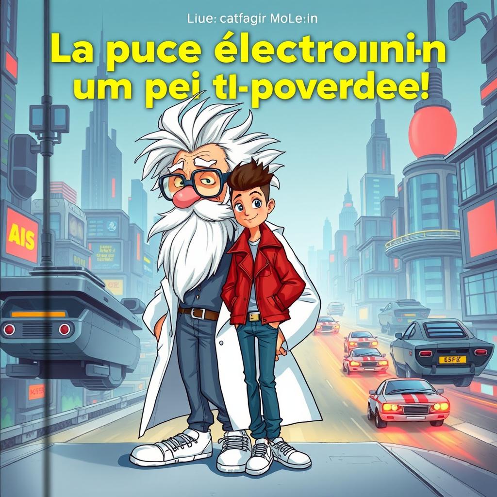 A book cover titled 'La puce électronique un peu trop puissante!' featuring the two main characters: Professor Mouc Mouc, an elderly man with wild white hair and a large white beard, wearing special scientific grey glasses and a white lab coat, his hair disheveled in all directions