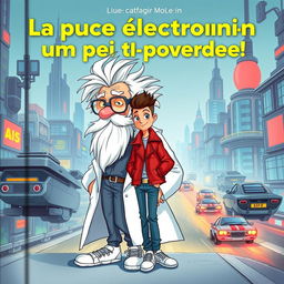 A book cover titled 'La puce électronique un peu trop puissante!' featuring the two main characters: Professor Mouc Mouc, an elderly man with wild white hair and a large white beard, wearing special scientific grey glasses and a white lab coat, his hair disheveled in all directions