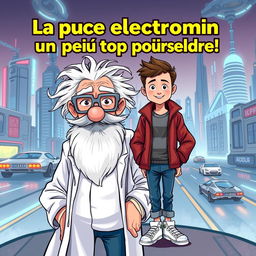 A book cover titled 'La puce électronique un peu trop puissante!' featuring the two main characters: Professor Mouc Mouc, an elderly man with wild white hair and a large white beard, wearing special scientific grey glasses and a white lab coat, his hair disheveled in all directions