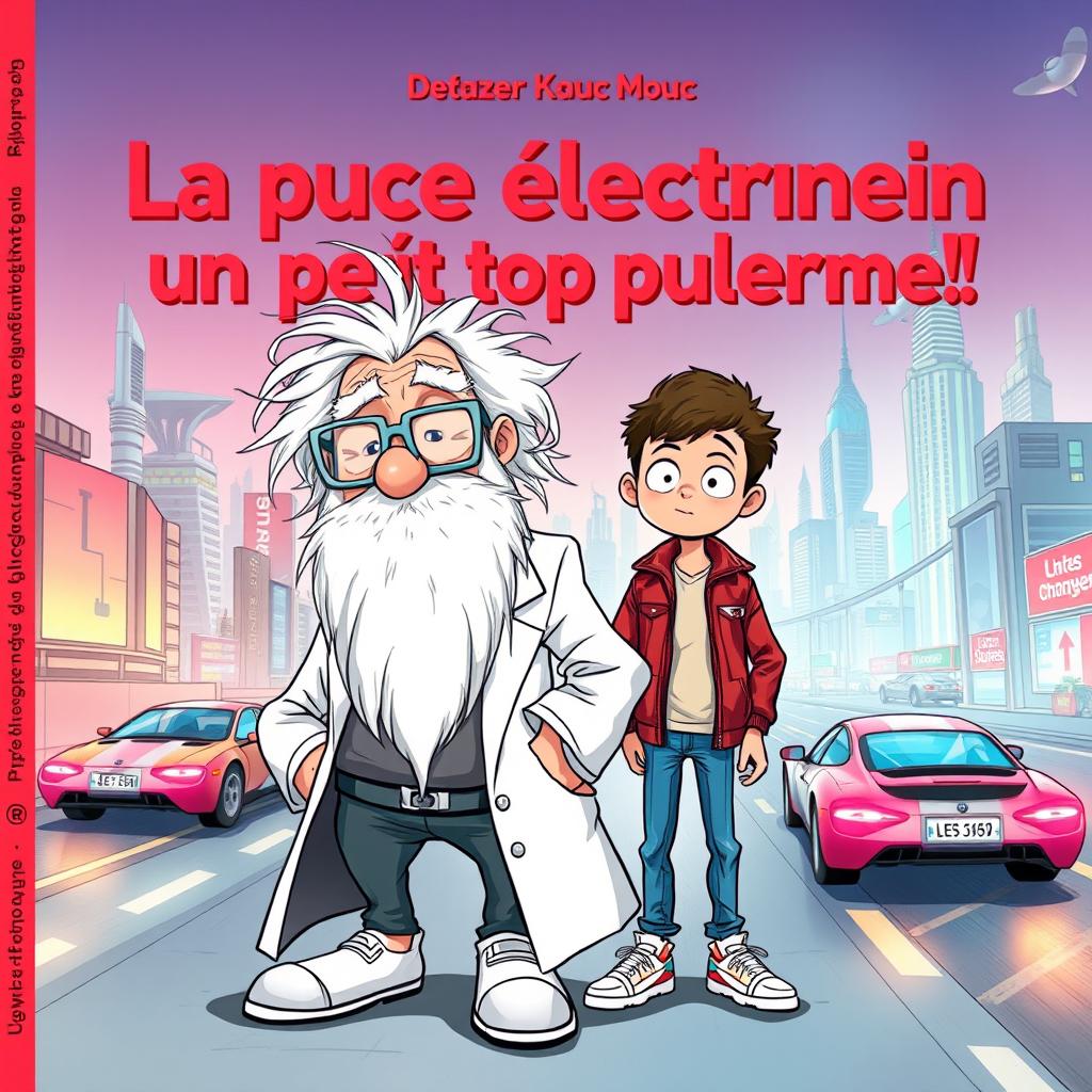 A book cover titled 'La puce électronique un peu trop puissante!' featuring the two main characters: Professor Mouc Mouc, an elderly man with wild white hair and a large white beard, wearing special scientific grey glasses and a white lab coat, his hair disheveled in all directions