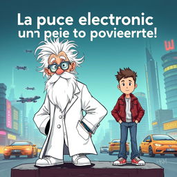 A book cover titled 'La puce électronique un peu trop puissante!' featuring the two main characters: Professor Mouc Mouc, an elderly man with wild white hair and a large white beard, wearing special scientific grey glasses and a white lab coat, his hair disheveled in all directions