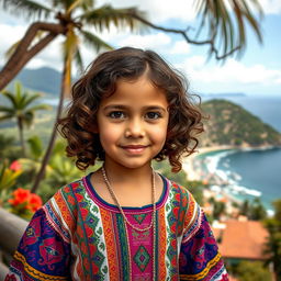 A young girl with curly brown hair, showcasing Venezuelan, Spanish, and unknown ethnic features