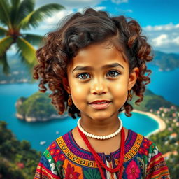 A young girl with curly brown hair, showcasing Venezuelan, Spanish, and unknown ethnic features