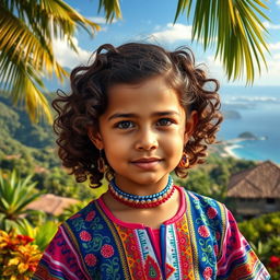 A young girl with curly brown hair, showcasing Venezuelan, Spanish, and unknown ethnic features