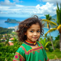 A young girl with curly brown hair, featuring Venezuelan, Spanish, and unknown ethnic traits