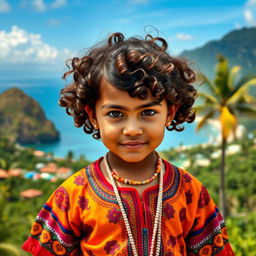 A young girl with curly brown hair, featuring Venezuelan, Spanish, and unknown ethnic traits