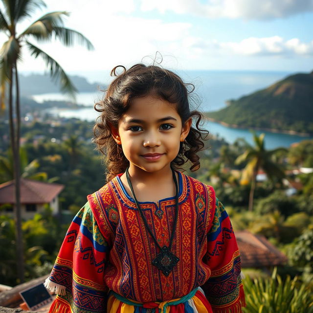 A young girl with curly brown hair, featuring Venezuelan, Spanish, and unknown ethnic traits