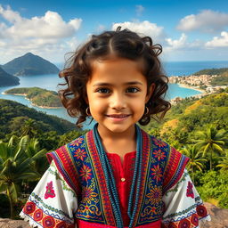 A young girl with curly brown hair, featuring Venezuelan, Spanish, and unknown ethnic traits