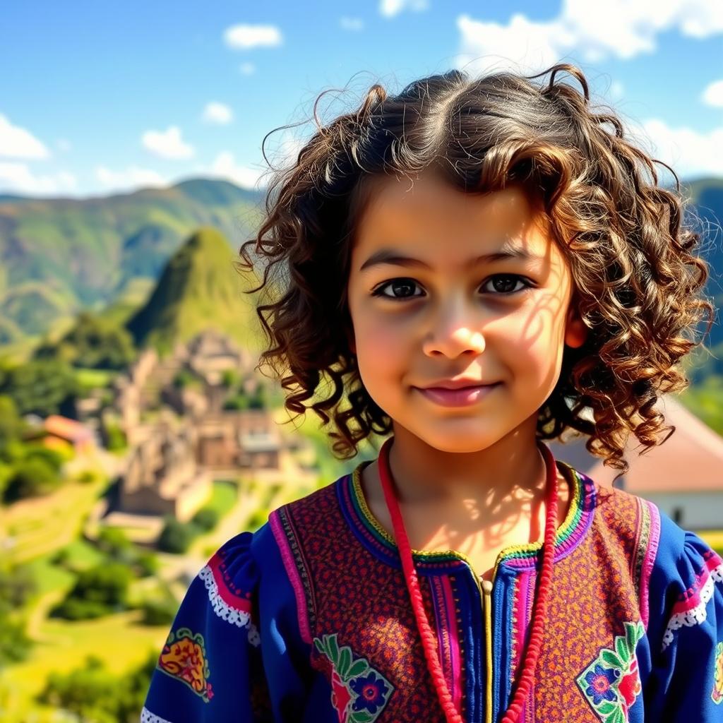 A young girl with curly brown hair, featuring Venezuelan, Spanish, and unknown ethnic traits