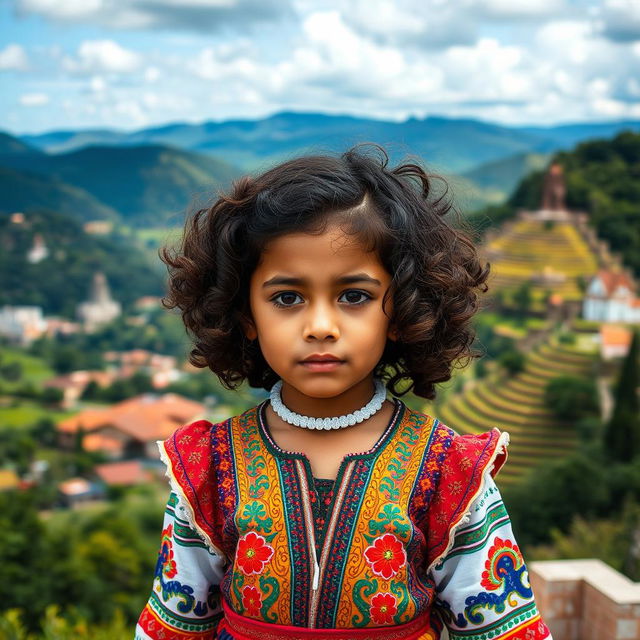 A young girl with curly brown hair, featuring Venezuelan, Spanish, and unknown ethnic traits