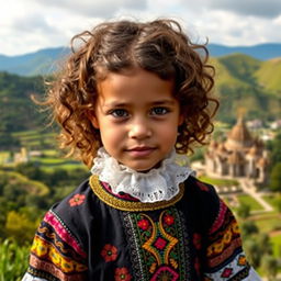 A young girl with curly brown hair, featuring Venezuelan, Spanish, and unknown ethnic traits