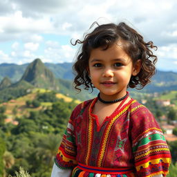 A young girl with curly brown hair, featuring Venezuelan, Spanish, and unknown ethnic traits