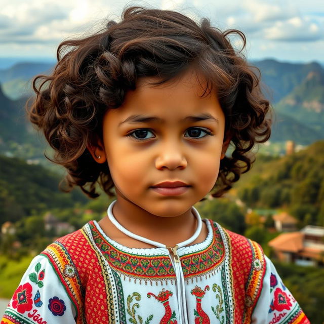 A young girl with curly brown hair, displaying Venezuelan, Spanish, and unknown ethnic features