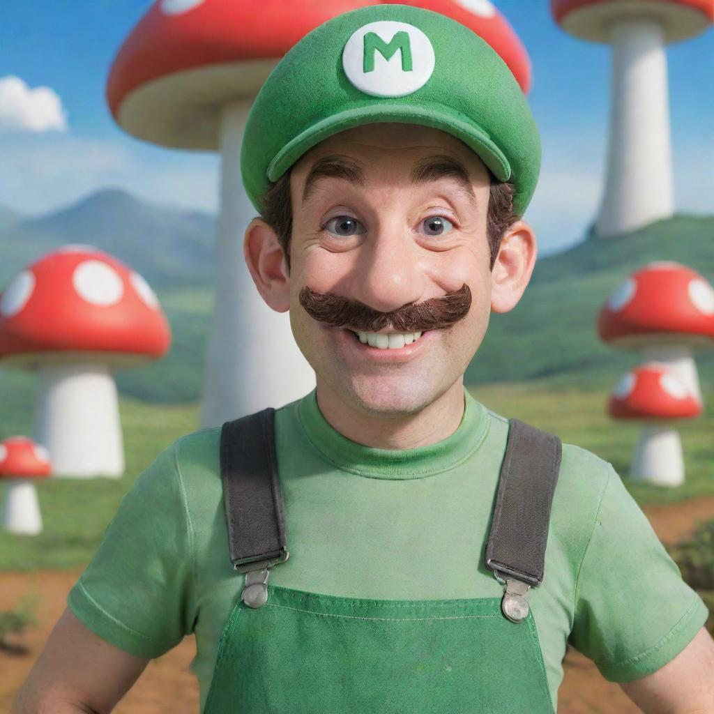 Classic Luigi character from the Mario series, with his green cap and overalls, and a cheerful expression, against a backdrop of the Mushroom Kingdom