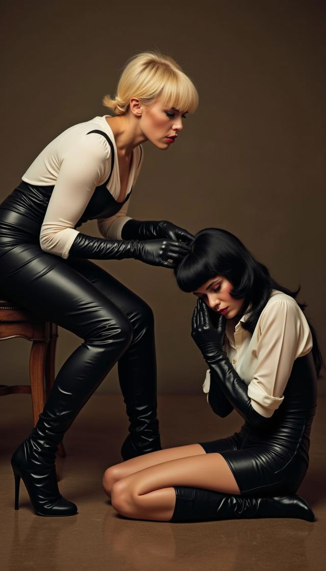 An evocative scene depicting Bettie Page wearing long opera gloves, a tight black leather skirt, a white blouse, and stiletto boots