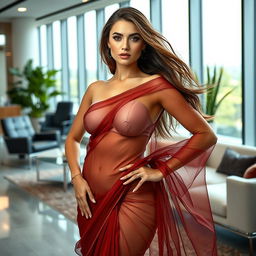 A stunning hot Russian woman wearing a transparent saree, accentuating her curves and showcasing her confidence