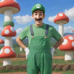 Classic Luigi character from the Mario series, with his green cap and overalls, and a cheerful expression, against a backdrop of the Mushroom Kingdom