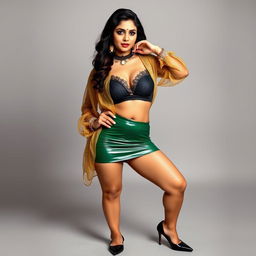 A young Indian woman exuding confidence, wearing a super tight green latex mini skirt paired with luxurious black lingerie, complemented by a shimmering golden net transparent satin blouse