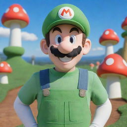 Classic Luigi character from the Mario series, with his green cap and overalls, and a cheerful expression, against a backdrop of the Mushroom Kingdom