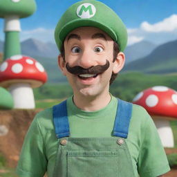 Classic Luigi character from the Mario series, with his green cap and overalls, and a cheerful expression, against a backdrop of the Mushroom Kingdom