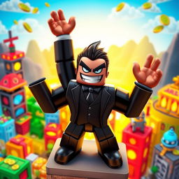 A dynamic and playful Roblox character resembling an evil boss, standing triumphantly on top of a tycoon structure, with a menacing grin